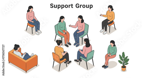 Community support group meeting in isometric style with diverse conversations
