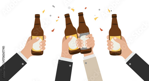 Celebratory cheers featuring hands raising beer bottles with confetti