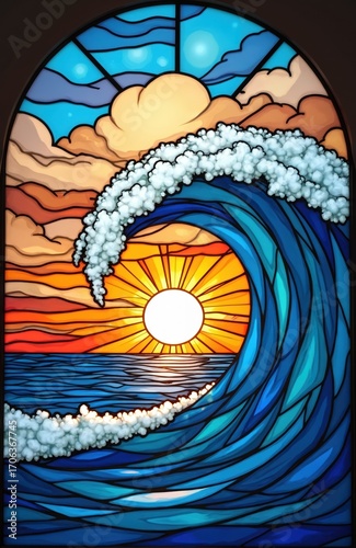 Stylized illustration of sun setting over ocean with crashing wave. Vibrant orange, blue, yellow colors create abstract art summer nature. Abstract lines form wave curves against sky clouds.