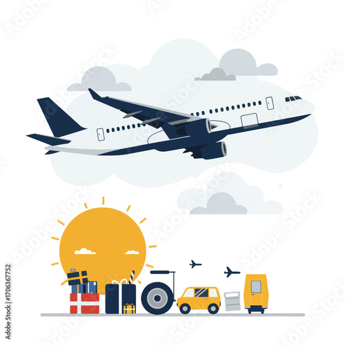 An airplane flies over a sunny landscape with gifts and vehicles