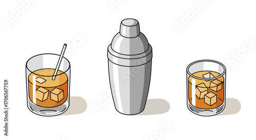 Isometric cocktail set with shaker and two glasses on white background