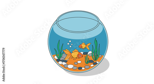 Colorful cartoon fishbowl with goldfish and plants on white background