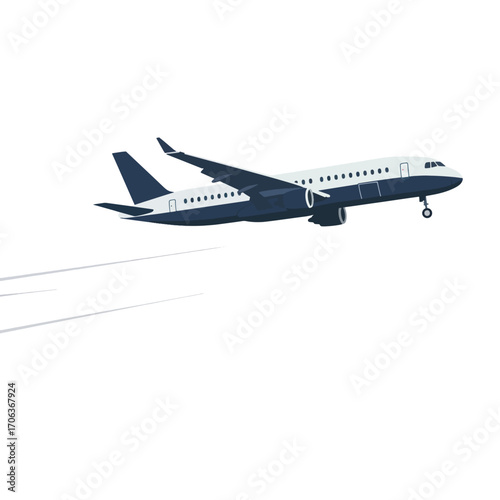 A dark blue and white airplane in midflight with contrails