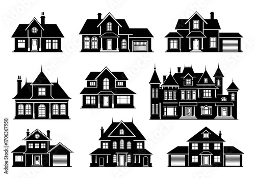 A diverse collection of residential house silhouettes showcasing various architectural styles for real estate and design