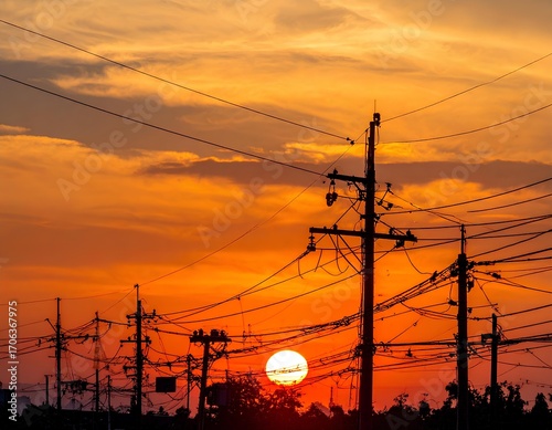 power lines at sunset and energy 