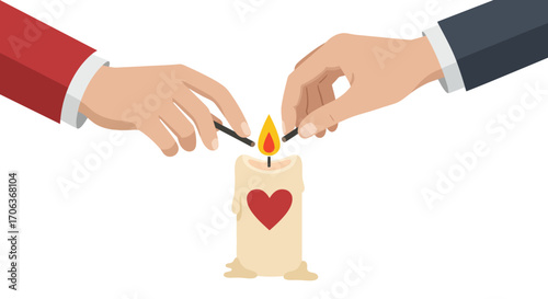 Two hands lighting a heart candle together on white background