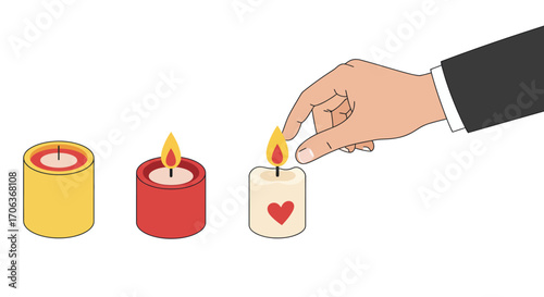 Hand lighting heart candle with two others in minimalist colorful style
