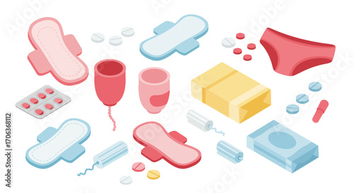Isometric feminine hygiene products collection with menstrual cups and pads