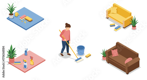 Isometric home cleaning scene with woman mopping and household items