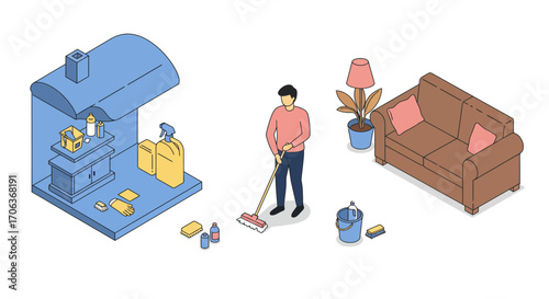 Isometric home cleaning scene with everyday supplies and cozy living room setup