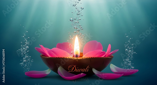 Diwali a glowing diya surrounded by pink flower petals and water bubbles, creating a serene and festive atmosphere for diwali celebration with light