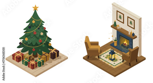 Isometric christmas living room with decorated tree and cozy fireplace