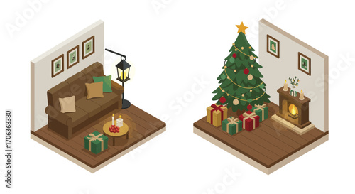 Cozy isometric living room with warm holiday decorations and gifts