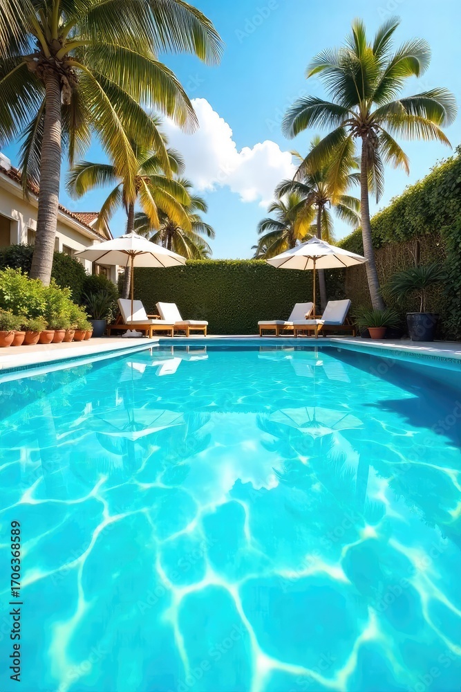 Fototapeta premium A sparkling blue swimming pool on a sunny summer day, inviting and refreshing Perfect for summer vacation imagery, travel brochures, and websites promoting relaxation and leisure , bright, resort