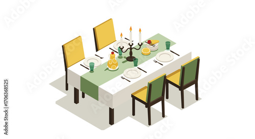 Isometric dining table with candles and dishes in a cozy setting