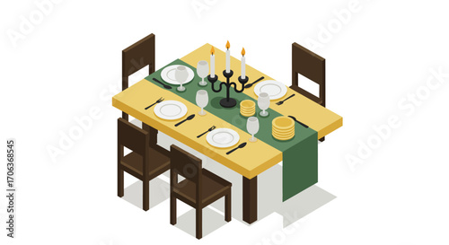 Isometric dining table set with candles and tableware