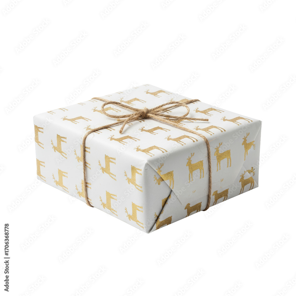 Obraz premium PNG cut out isolated background. A Christmas gift wrapped in white and gold reindeer paper with rustic twine.