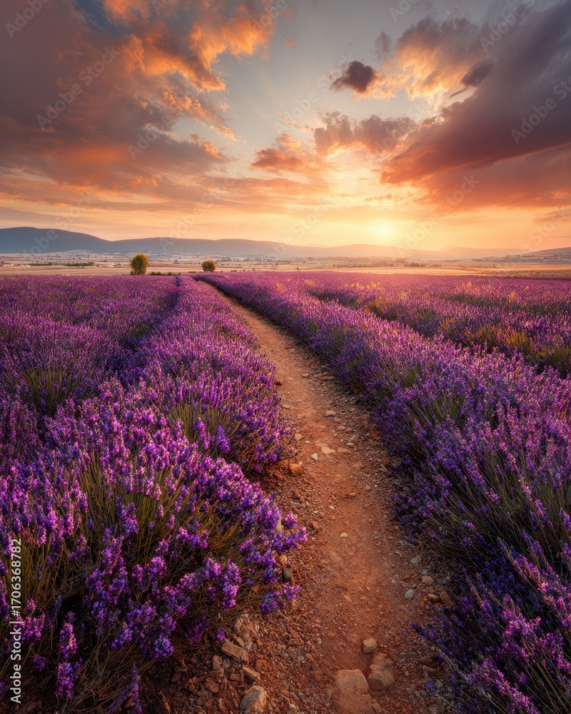 Naklejka premium Golden Hours Embrace on a Winding Path Through a Vibrant Purple Lavender Field.