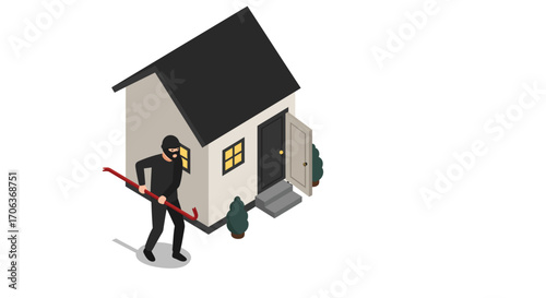 Isometric burglar approaching house with crowbar