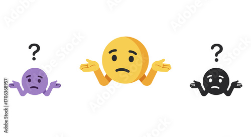 Colorful emoji faces with shrugging gesture and question marks in flat style