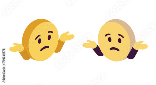 Isometric confused emoji faces with shrug gestures in 3d style on white backg…
