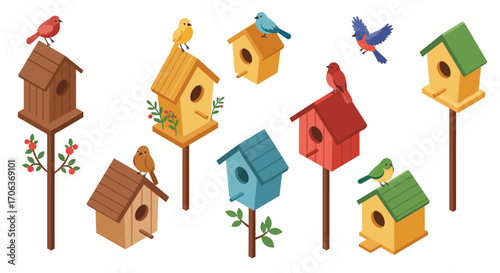 Colorful birdhouses with perched birds in a charming flat style design