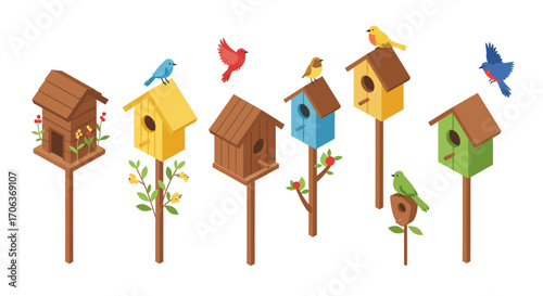 Colorful birdhouses and birds on wooden poles in a flat design