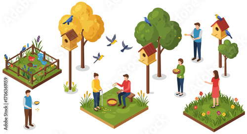 Birdwatching in the park: people feeding birds in isometric nature scenes