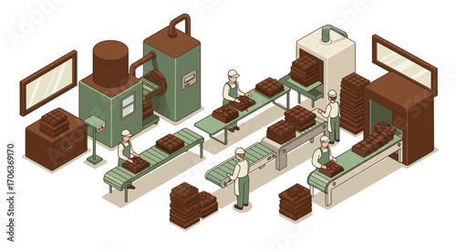 Isometric chocolate factory production line with workers and conveyor belts