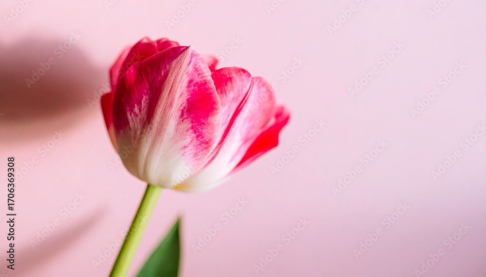 Obraz premium Single pink and white tulip on a pastel pink background