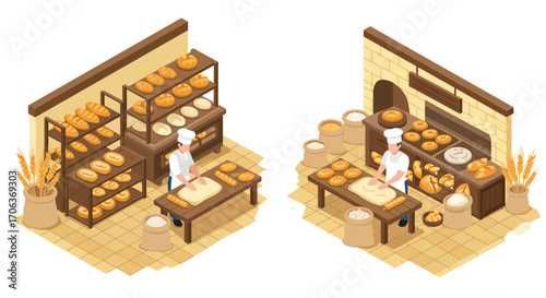 Isometric bakery scene with bread display and bakers at work