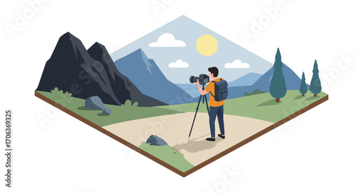 Photographer captures scenic mountain view in isometric nature landscape