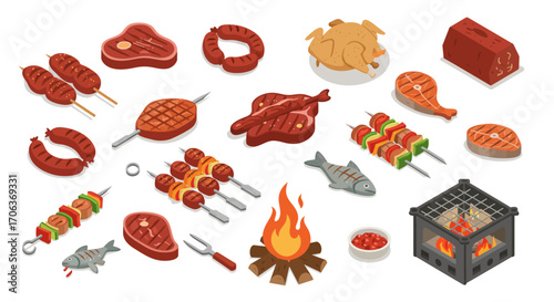 Isometric grilled food icons set with barbecue elements and skewers