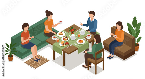 Cozy family gathering for tea and desserts in isometric style