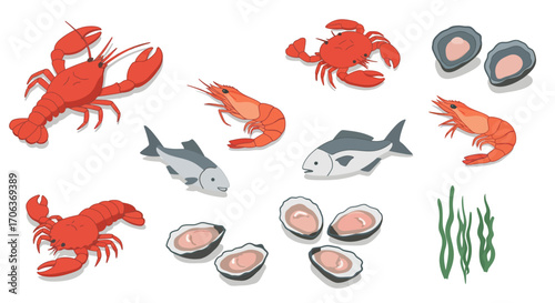 Seafood delight: lobsters, crabs, and fish in vibrant flat design