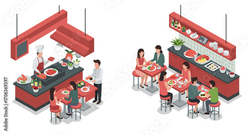 Isometric chef and diners in modern restaurant setting with buffet and waitst…