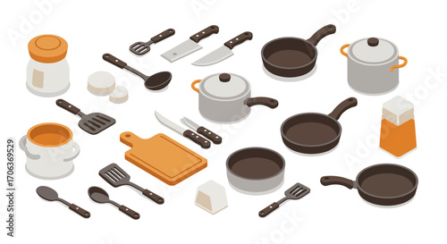 Essential kitchenware in modern isometric design featuring pots, pans, and ut…