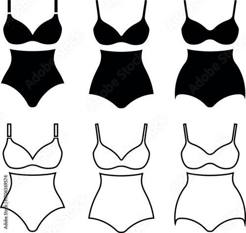 This graphic displays various styles of women's bras and shapewear, presented in both solid black and outline white variations.