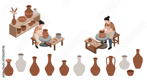 Isometric pottery workshop scene with potters and ceramic vases