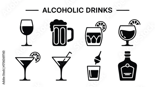 Collection of Various Alcoholic Beverage Icons Representing Different Drink Types and Styles