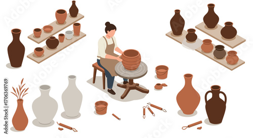 Isometric pottery workshop scene with artisan creating clay vases and pots