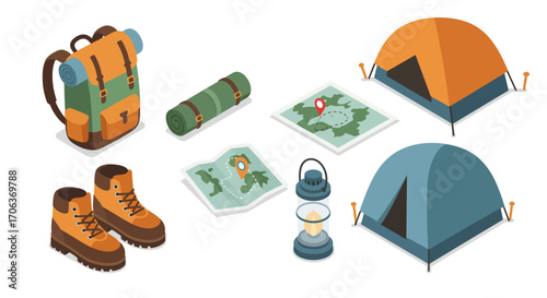 Colorful isometric camping gear with maps and tents