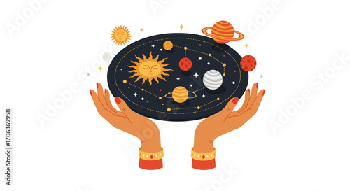 Cosmic universe in hands: vibrant solar system and celestial bodies on white…