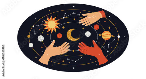 Celestial hands: cosmic journey through planets and stars in a flat illustration