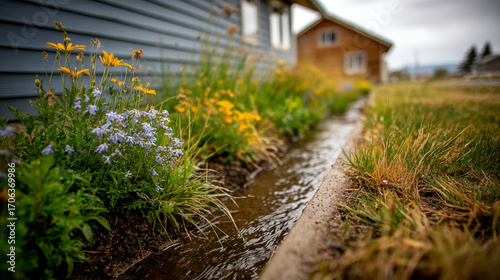 Sustainable drainage system with native wildflowers and grasses alongside residential building for eco-friendly water management and landscaping