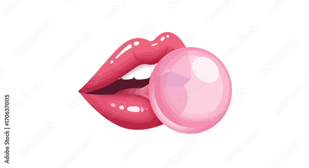 Fototapeta premium Glossy pink lips blowing bubble gum isolated on white background