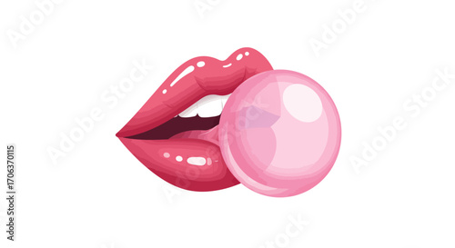 Glossy pink lips blowing bubble gum isolated on white background