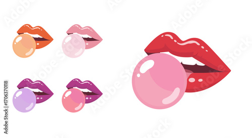 Colorful lips blowing bubbles in pop art style