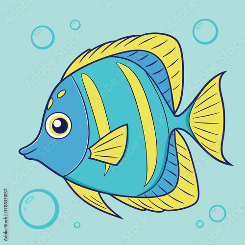 Vector art of cute cartoon blue and yellow angelfish swimming in clear blue water with bubbles