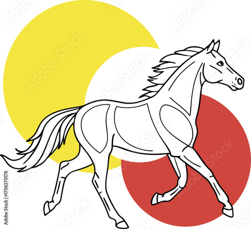 Vector art of line art illustration of a horse in motion with abstract yellow and red circles in the background